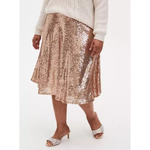 Torrid 0 Womens Champagne Gold Sequin Midi Skirt Elastic Waist Size Large - Picture 2 of 16